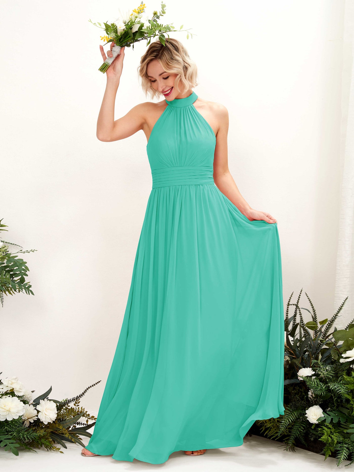 Ball Gown Halter Sleeveless Chiffon Bridesmaid Dress - Tiffany (81225332)#color_tiffany
