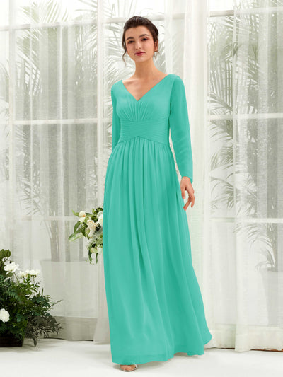 Carlyna Coline A-Line Tiffany Bridesmaid Dress Maxi Long Sleeve V-Neck Front View #color_tiffany