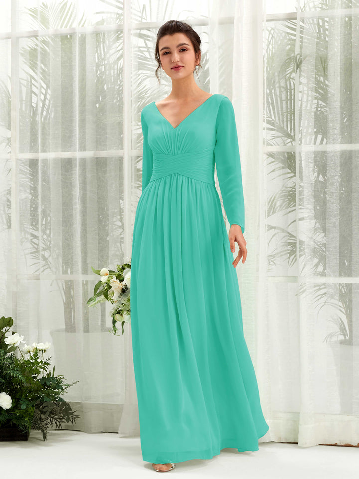 Ball Gown V-neck Long Sleeves Chiffon Bridesmaid Dress - Tiffany (81220332)