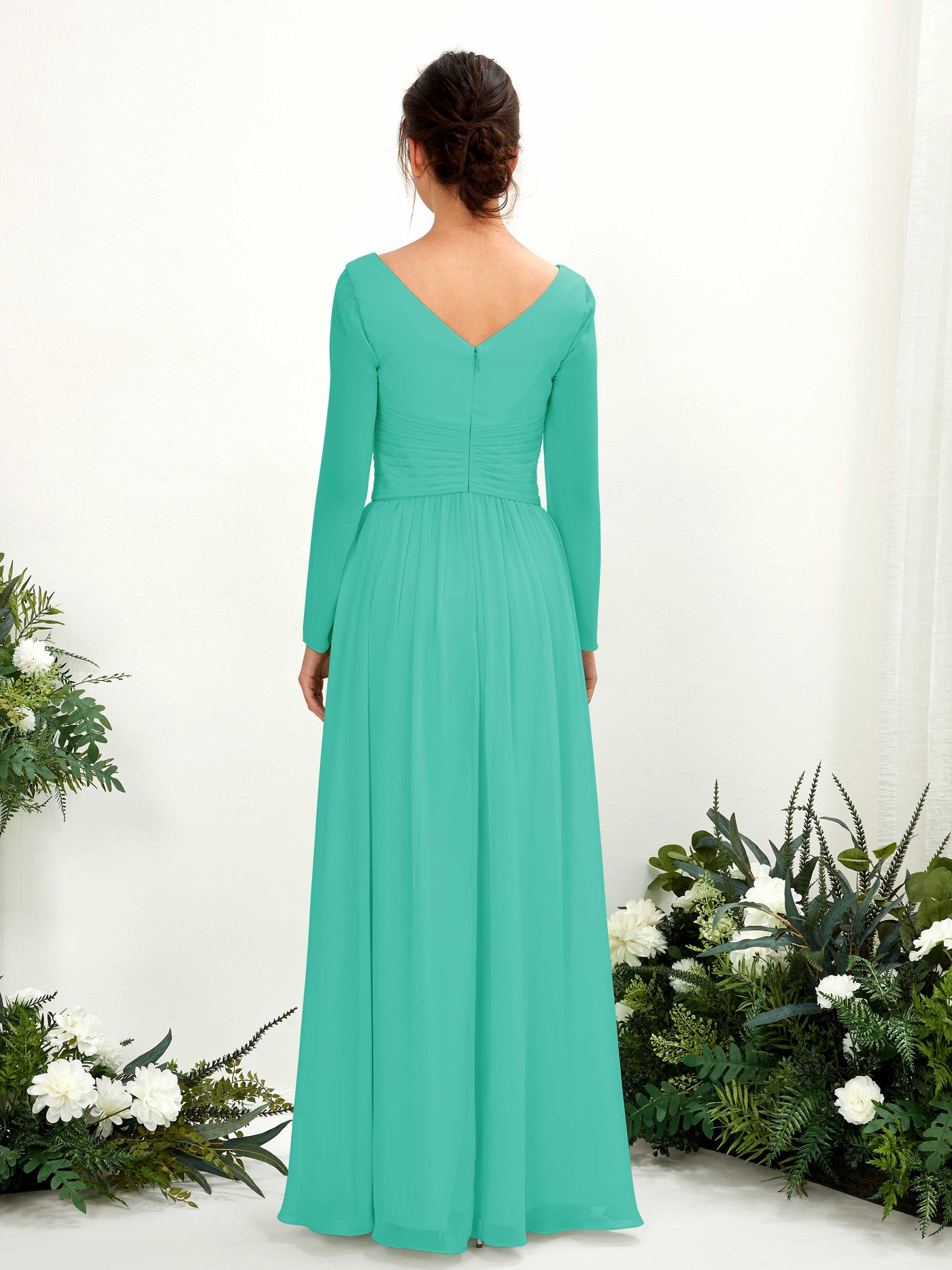 Ball Gown V-neck Long Sleeves Chiffon Bridesmaid Dress - Tiffany (81220332)#color_tiffany