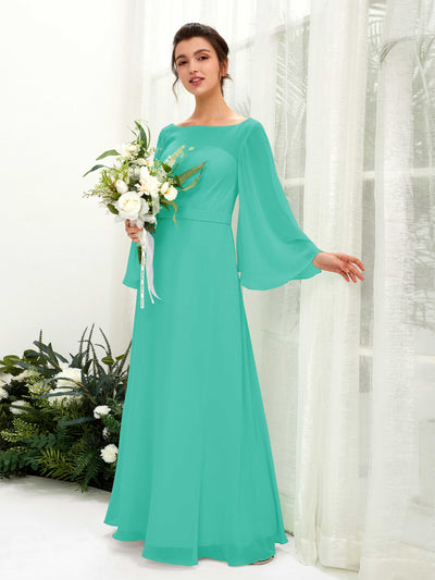Carlyna Elie A-Line Tiffany Bridesmaid Dress Maxi Long Sleeve Boat Neck Front View #color_tiffany