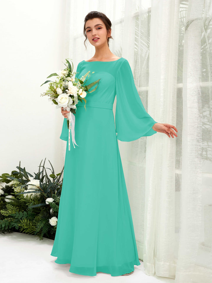 Bateau Illusion Long Sleeves Chiffon Bridesmaid Dress - Tiffany (81220532)