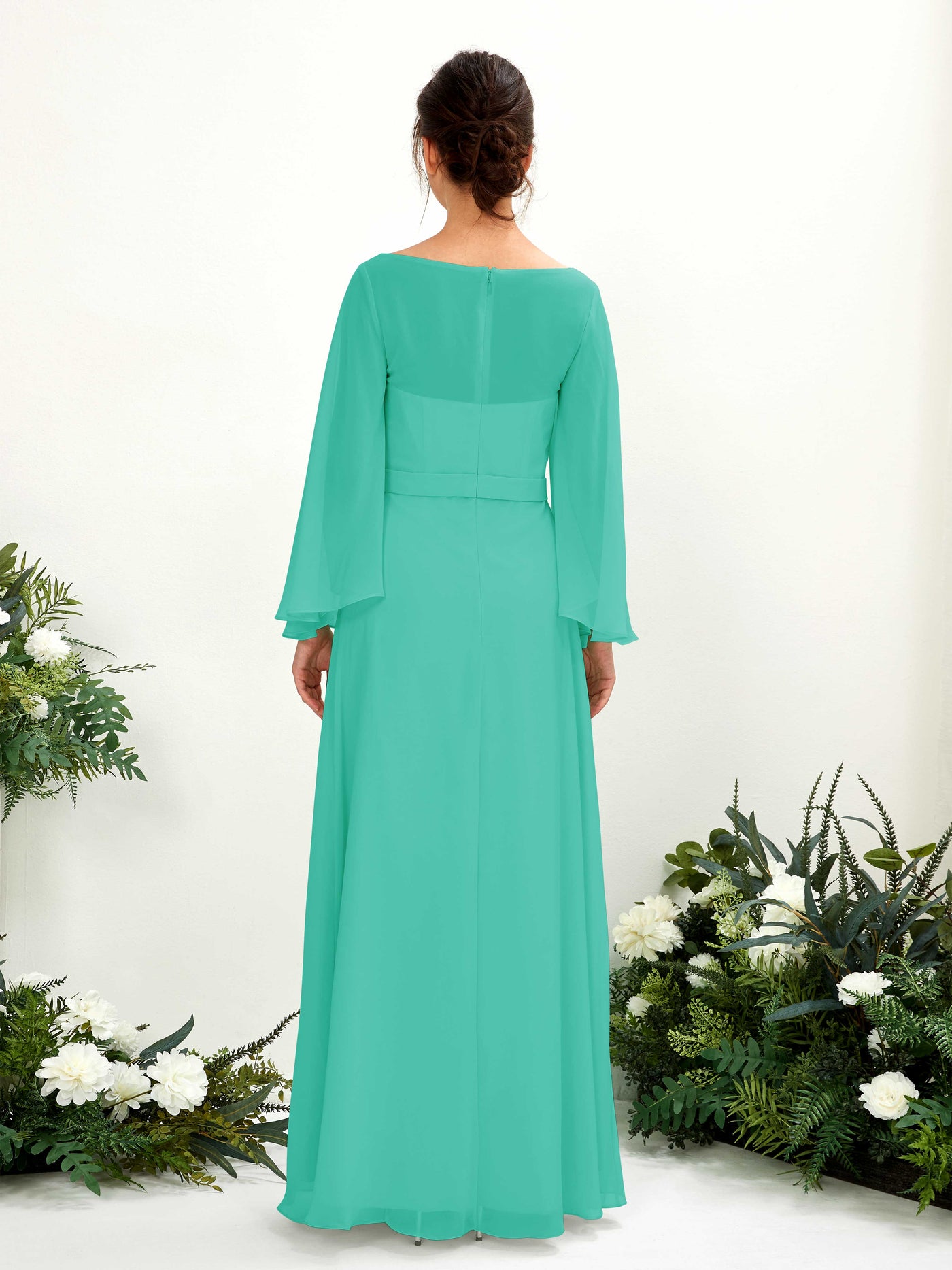 Bateau Illusion Long Sleeves Chiffon Bridesmaid Dress - Tiffany (81220532)#color_tiffany