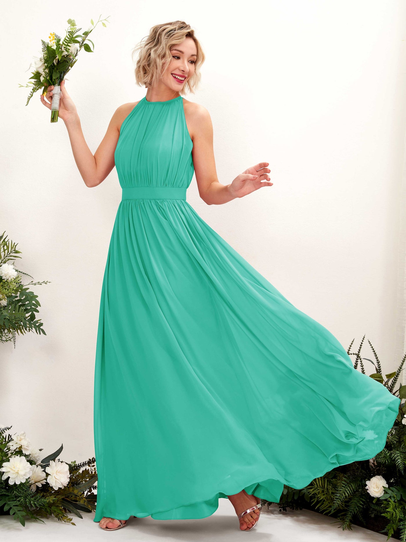 Halter Sleeveless Chiffon Bridesmaid Dress - Tiffany (81223132)#color_tiffany