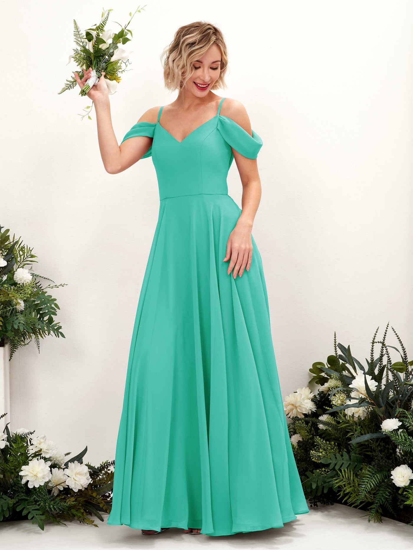 Off Shoulder Straps V-neck Sleeveless Chiffon Bridesmaid Dress - Tiffany (81224932)#color_tiffany