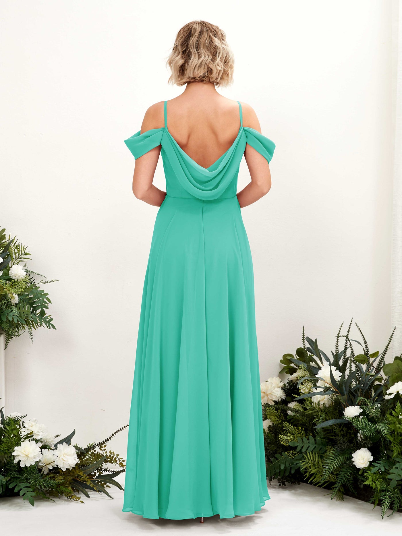 Off Shoulder Straps V-neck Sleeveless Chiffon Bridesmaid Dress - Tiffany (81224932)#color_tiffany