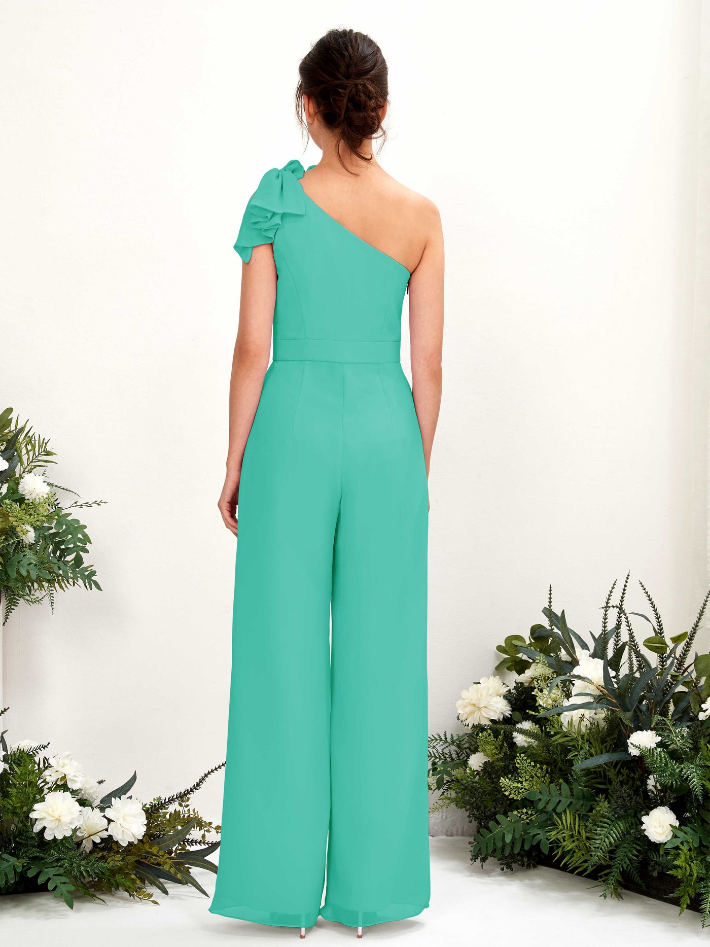 One Shoulder Sleeveless Chiffon Bridesmaid Wide-Leg Jumpsuit - Tiffany (81220832)#color_tiffany