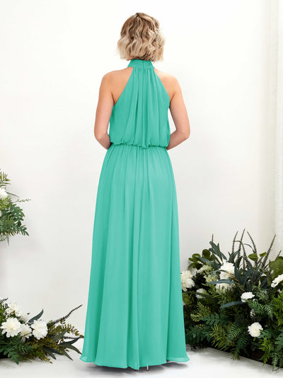 Carlyna Bess A-Line Tiffany Bridesmaid Dress Maxi Sleeveless Halter Dress Back View #color_tiffany