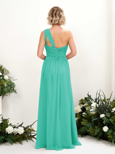 Carlyna Flaze A-Line Tiffany Bridesmaid Dress Maxi Sleeveless One Shoulder Dress Back View #color_tiffany