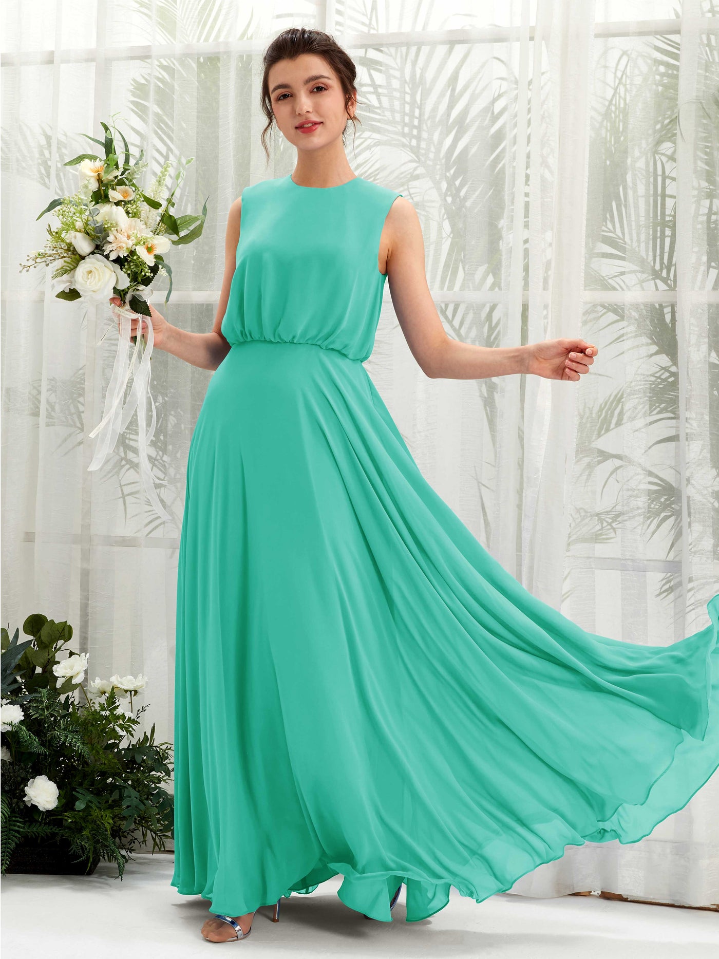 Round Sleeveless Chiffon Bridesmaid Dress - Tiffany (81222832)#color_tiffany
