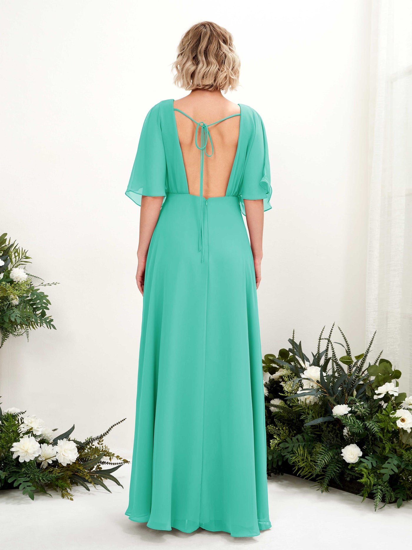 V-neck 1/2 Sleeves Chiffon Bridesmaid Dress - Tiffany (81225132)#color_tiffany