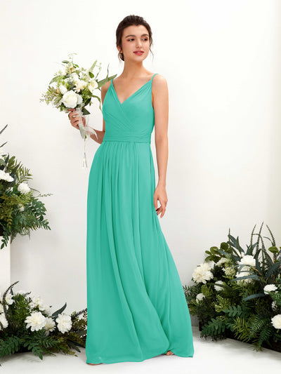 Carlyna Dira A-Line Tiffany Bridesmaid Dress Maxi Sleeveless V-Neck Dress Front View #color_tiffany