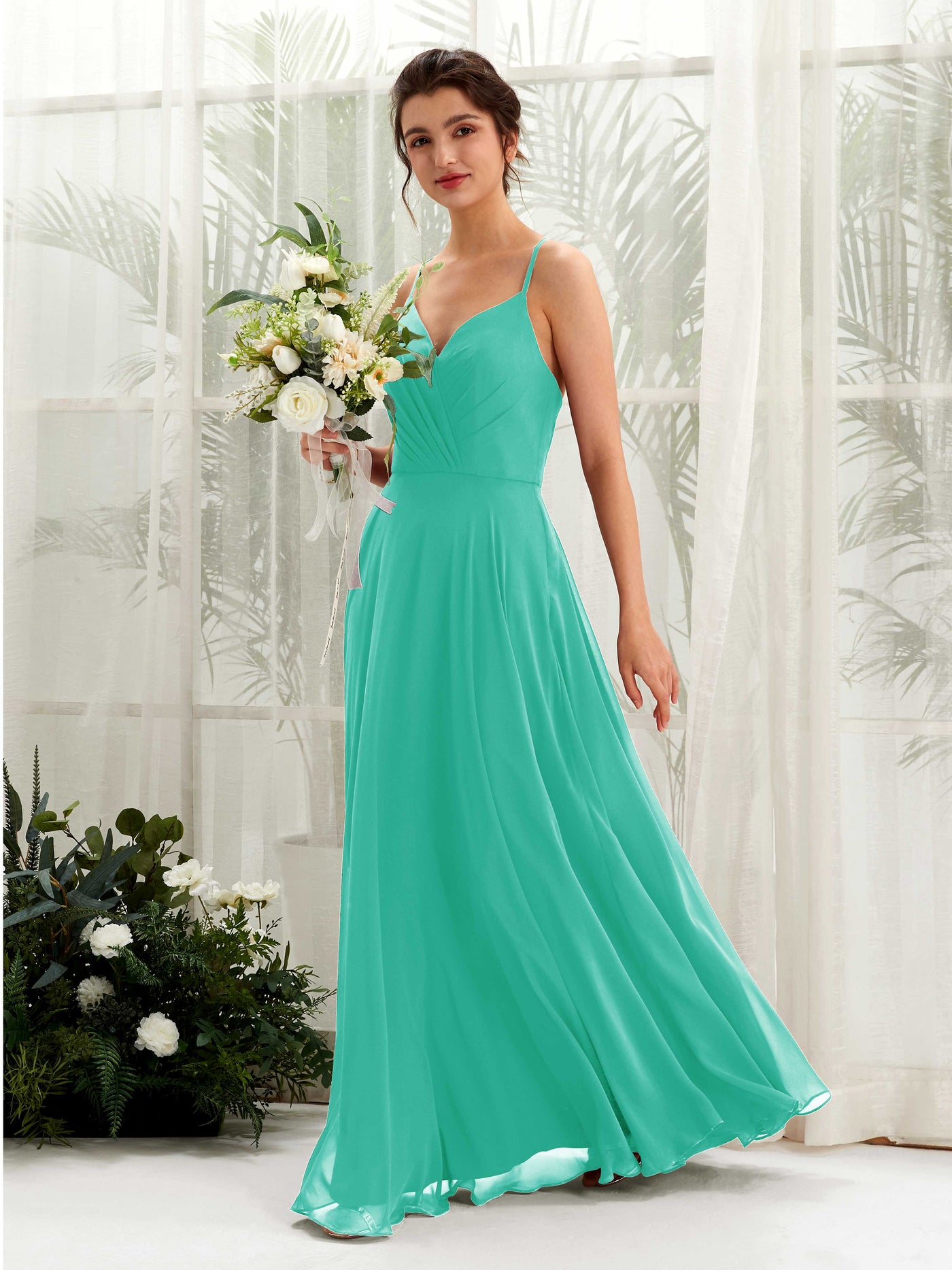 Spaghetti-straps V-neck Sleeveless Bridesmaid Dress - Tiffany (81224232)#color_tiffany