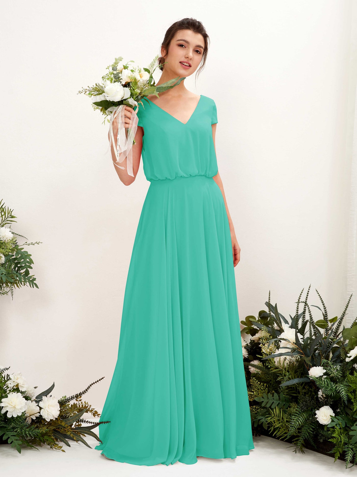 V-neck Cap Sleeves Chiffon Bridesmaid Dress - Tiffany (81221832)#color_tiffany