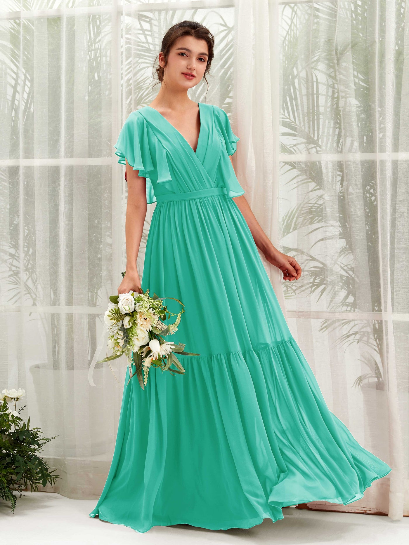 V-neck Cap Sleeves Chiffon Bridesmaid Dress - Tiffany (81225932)#color_tiffany