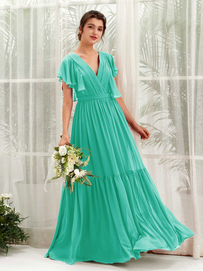Carlyna Chaya A-Line Tiffany Bridesmaid Dress Maxi Cap Sleeve V-Neck Dress Front View #color_tiffany