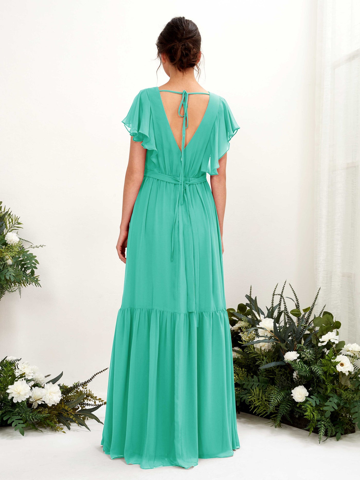 V-neck Cap Sleeves Chiffon Bridesmaid Dress - Tiffany (81225932)#color_tiffany