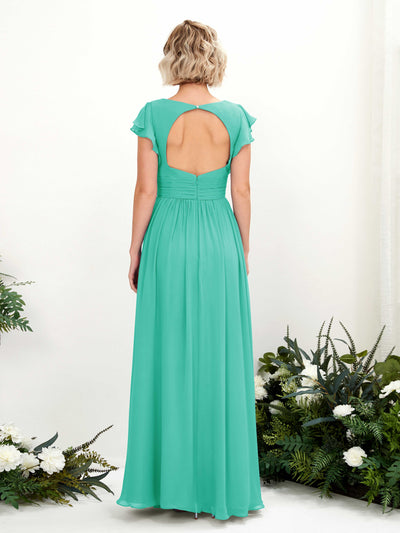 Carlyna Grino A-Line Tiffany Bridesmaid Dress Maxi Cap Sleeve V-Neck Dress Back View #color_tiffany