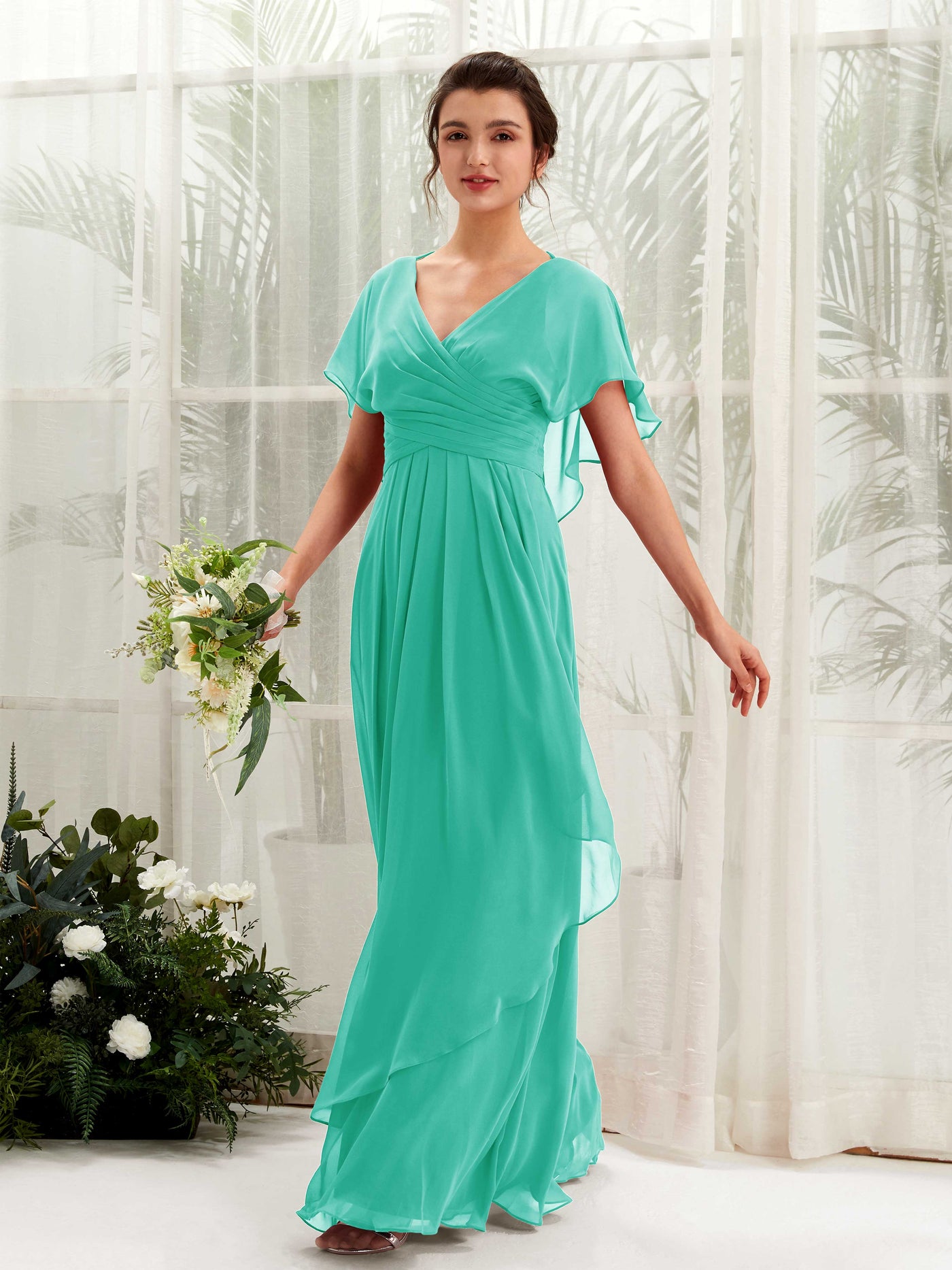 V-neck Short Sleeves Chiffon Bridesmaid Dress - Tiffany (81226132)#color_tiffany