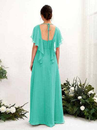 Carlyna Darlene A-Line Tiffany Bridesmaid Dress Maxi Short Sleeve V-Neck Dress Back View #color_tiffany