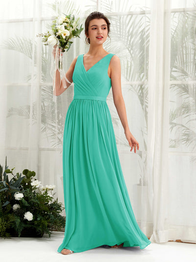 Carlyna Barbara A-Line Tiffany Bridesmaid Dress Maxi Sleeveless V-Neck Dress Front View #color_tiffany