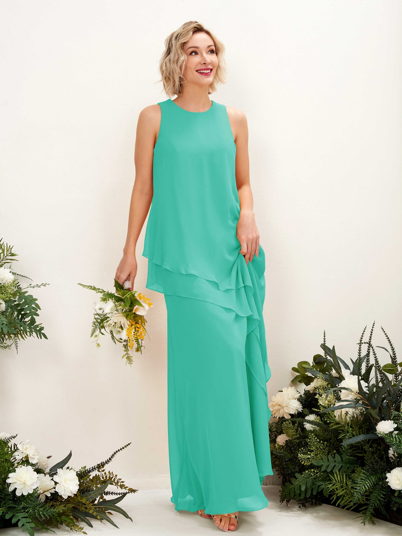 Round Sleeveless Chiffon Bridesmaid Dress - Tiffany (81222332)#color_tiffany