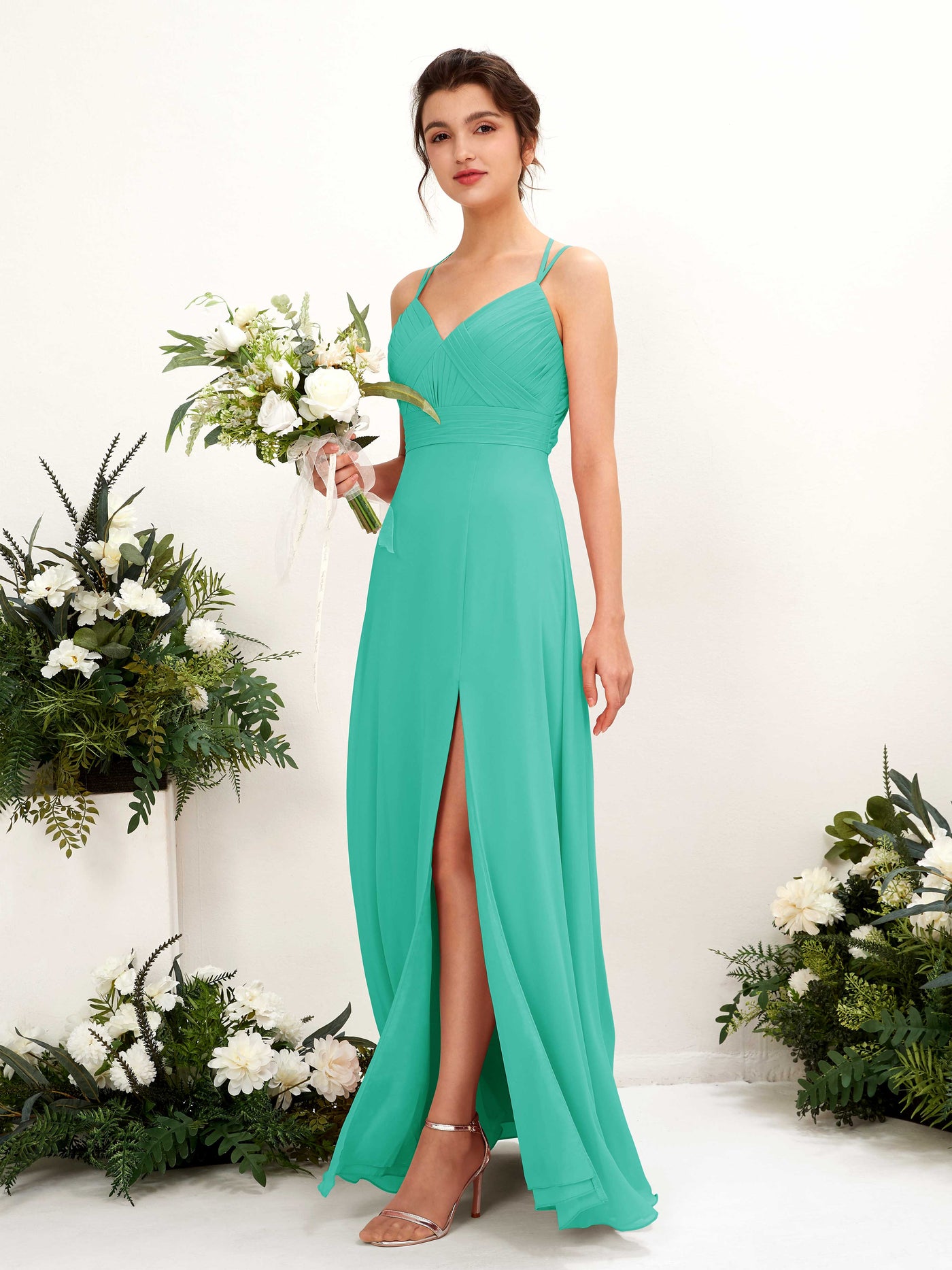 Straps V-neck Sleeveless Chiffon Bridesmaid Dress - Tiffany (81225432)#color_tiffany