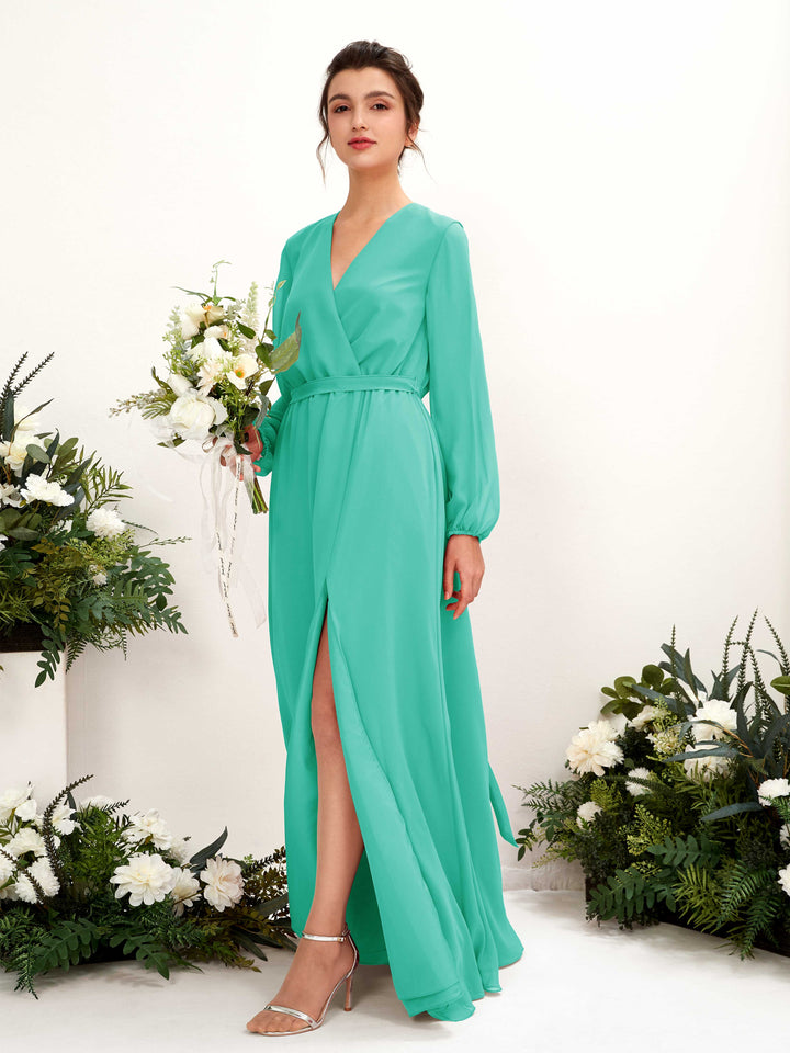 V-neck Long Sleeves Chiffon Bridesmaid Dress - Tiffany (81223232)