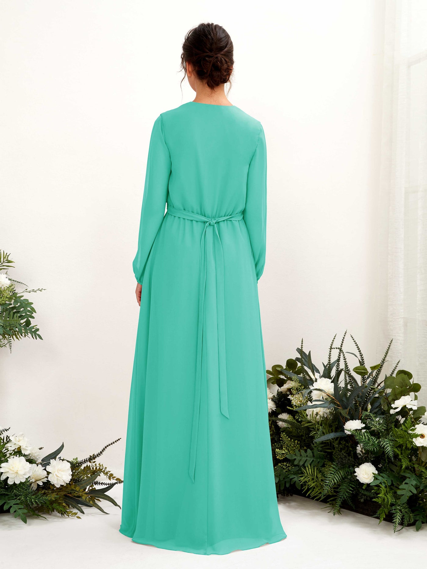V-neck Long Sleeves Chiffon Bridesmaid Dress - Tiffany (81223232)#color_tiffany