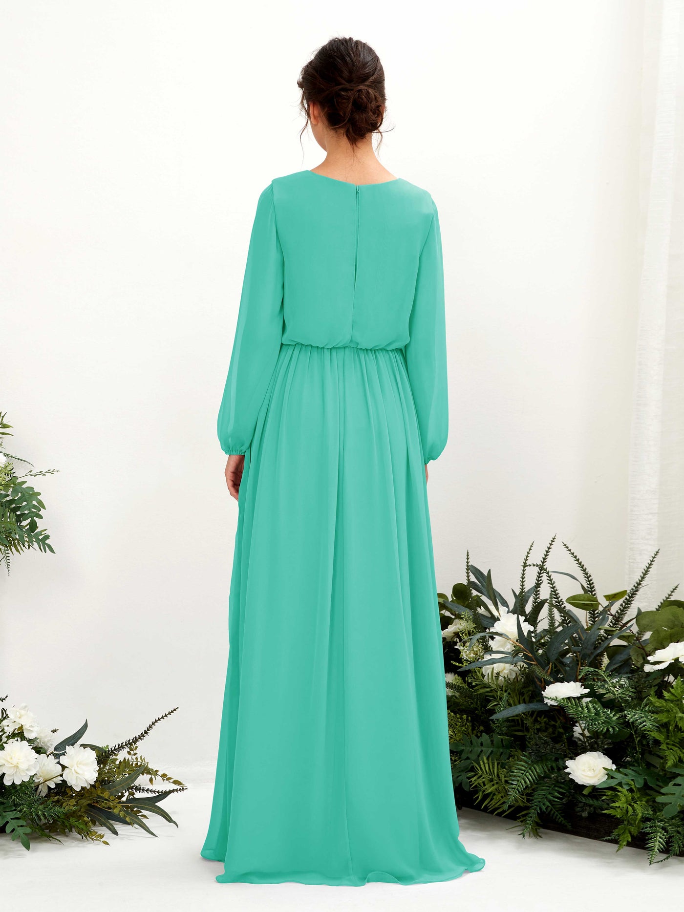 V-neck Long Sleeves Chiffon Bridesmaid Dress - Tiffany (81223832)#color_tiffany