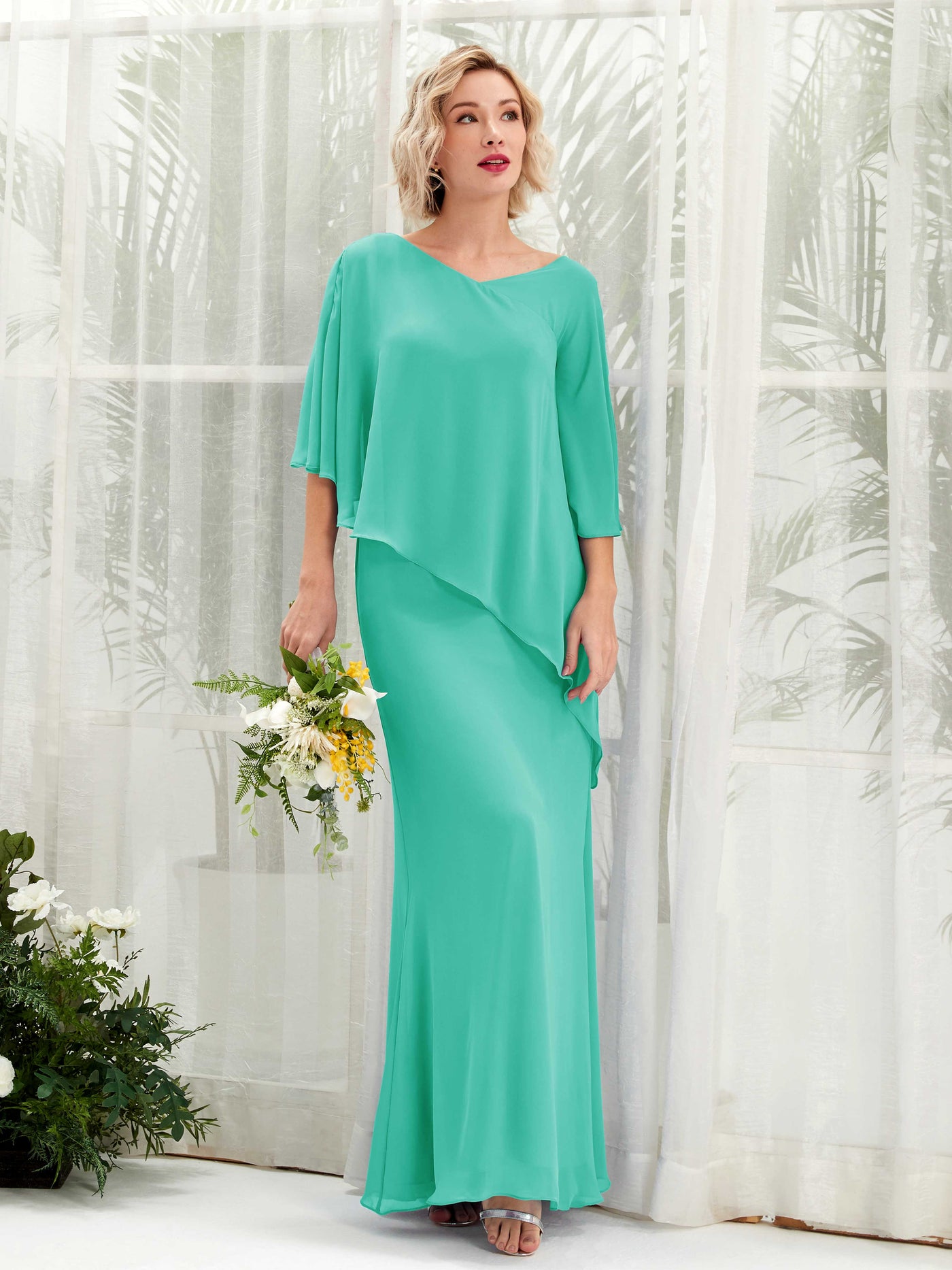 V-neck 3/4 Sleeves Chiffon Bridesmaid Dress - Tiffany (81222532)#color_tiffany