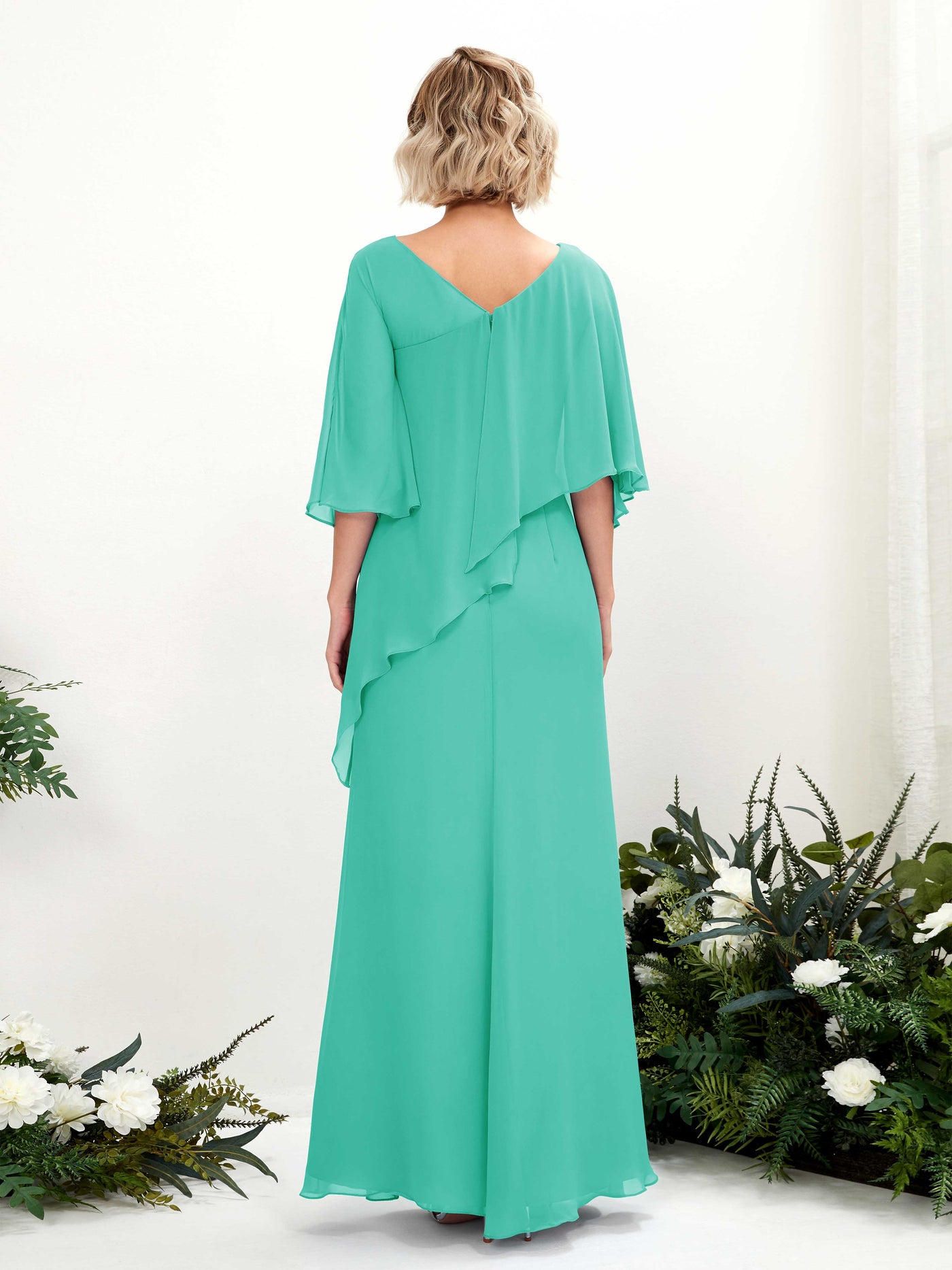 V-neck 3/4 Sleeves Chiffon Bridesmaid Dress - Tiffany (81222532)#color_tiffany