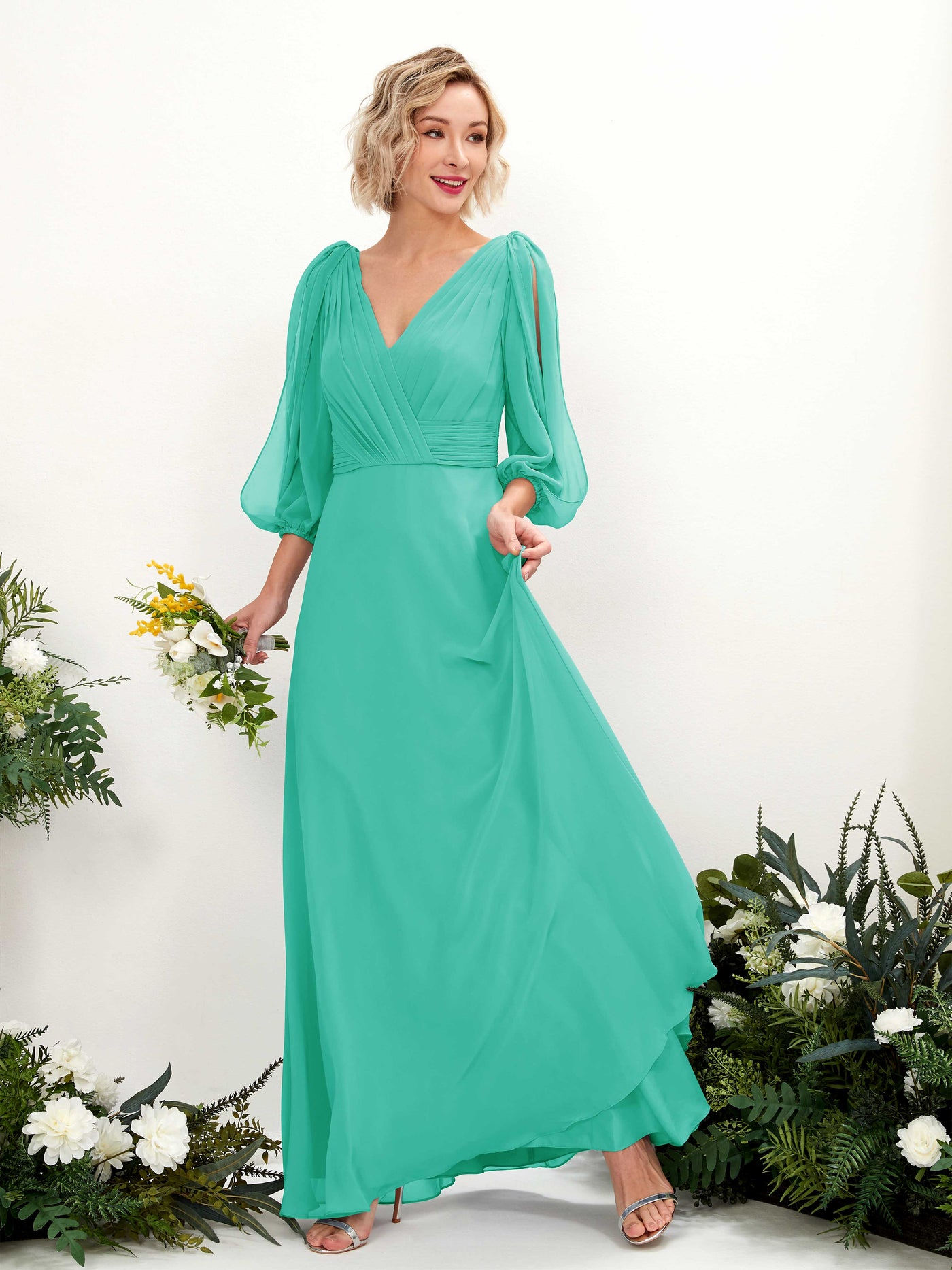 V-neck 3/4 Sleeves Chiffon Bridesmaid Dress - Tiffany (81223532)#color_tiffany