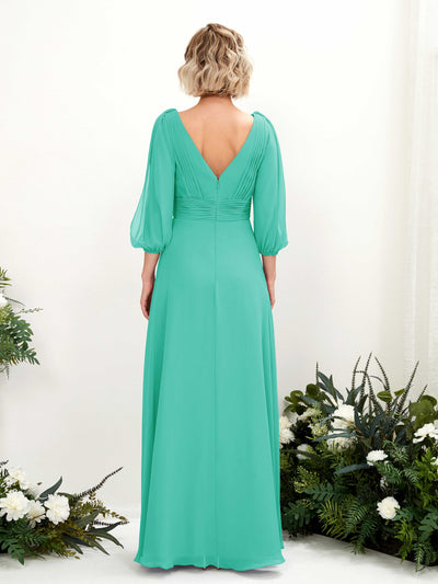 Carlyna Antonia A-Line Tiffany Bridesmaid Dress Maxi Three Quarter Sleeve V-Neck Dress Back View #color_tiffany