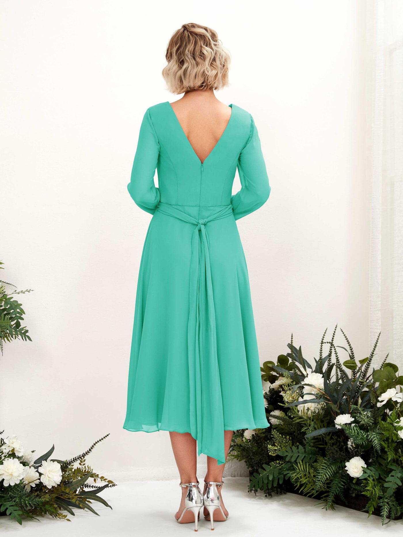 V-neck Long Sleeves Chiffon Bridesmaid Dress - Tiffany (81223332)#color_tiffany