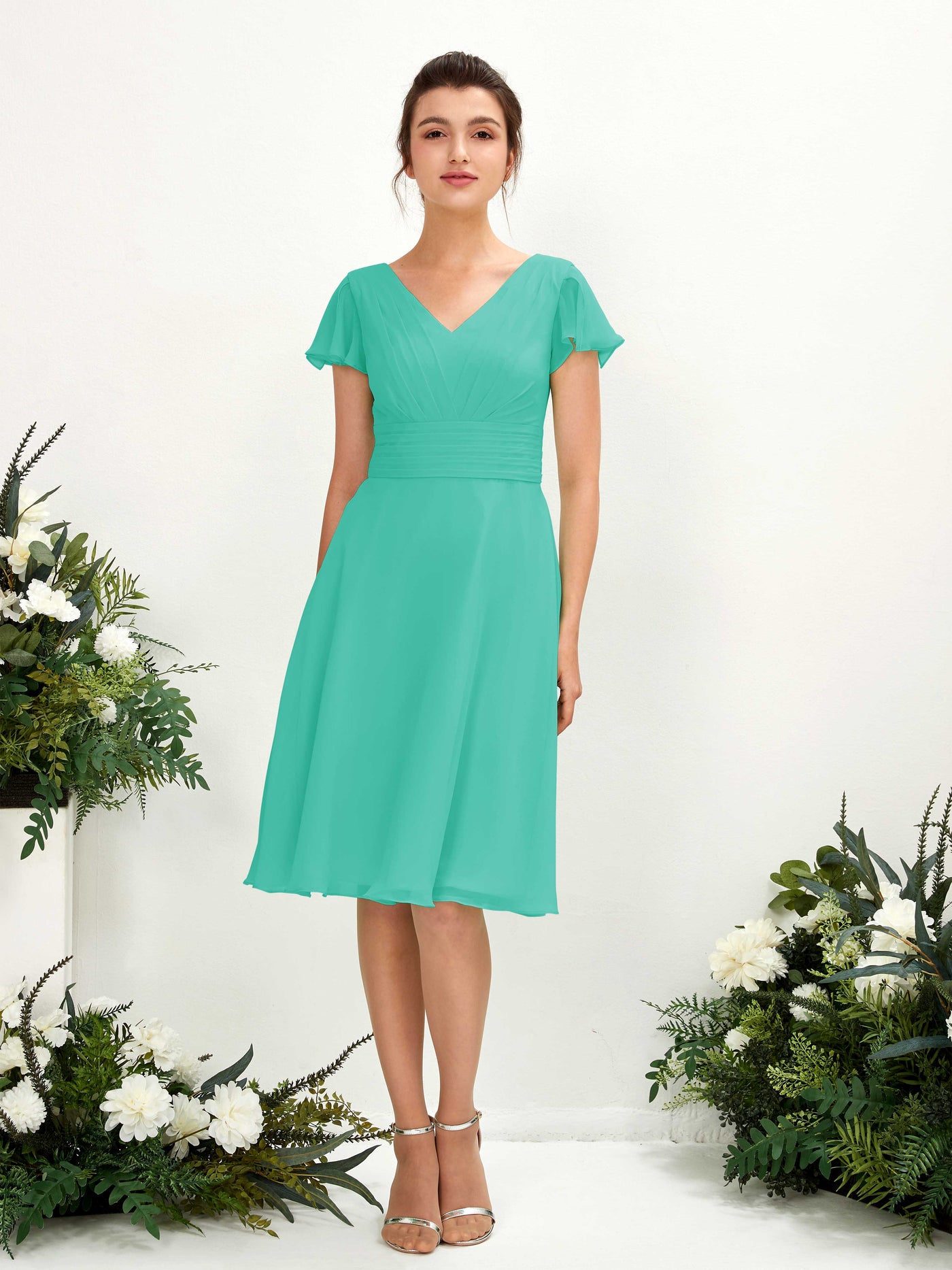 V-neck Short Sleeves Chiffon Bridesmaid Dress - Tiffany (81220232)#color_tiffany