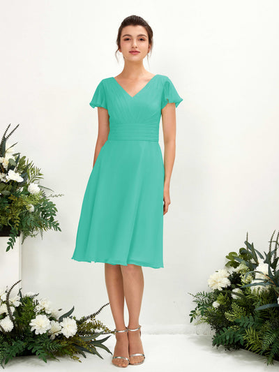 Carlyna Betty A-Line Tiffany Bridesmaid Dress Knee-Length Short Sleeve V-Neck Dress Front View #color_tiffany