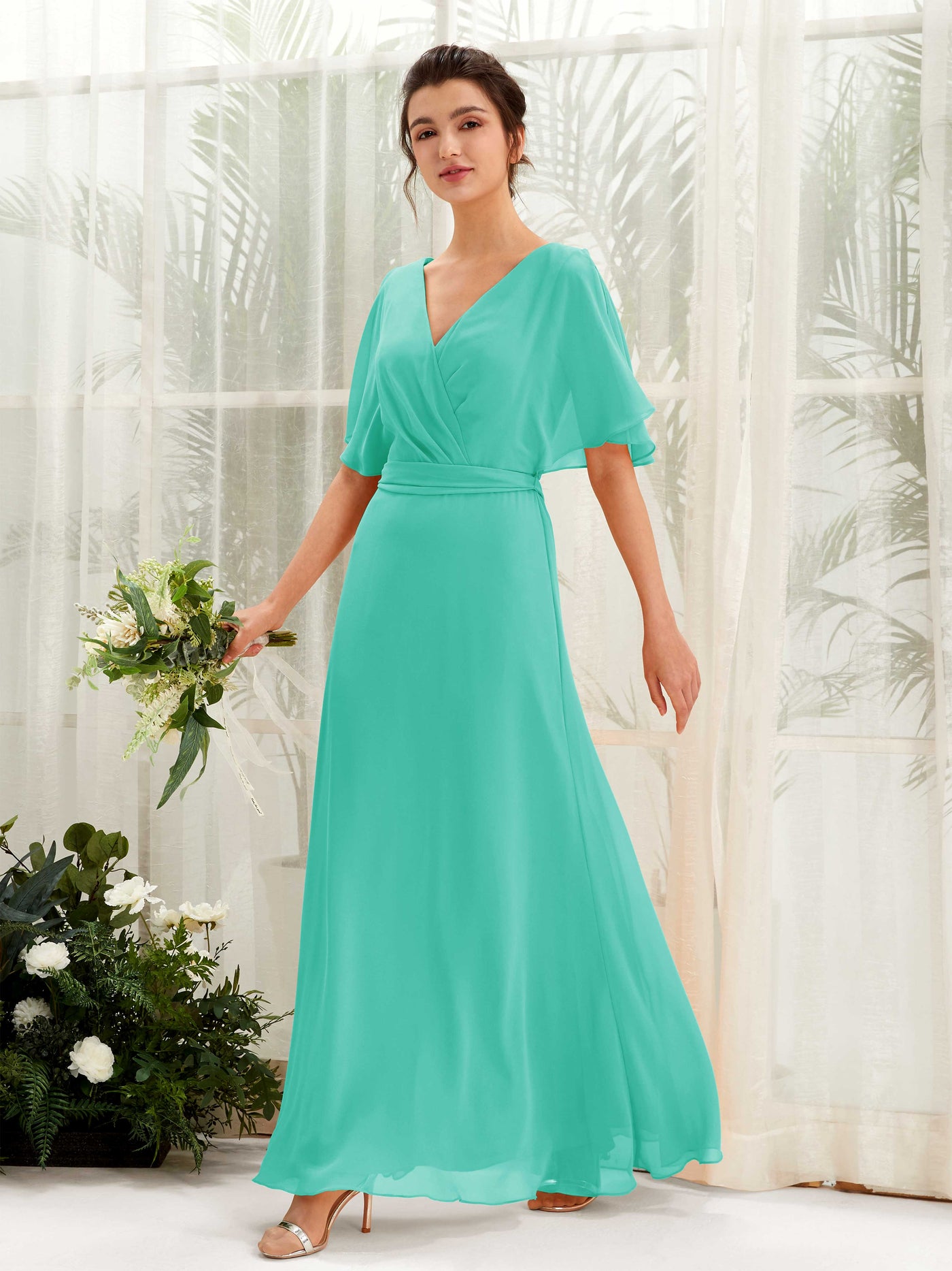 V-neck Short Sleeves Chiffon Bridesmaid Dress - Tiffany (81222432)#color_tiffany
