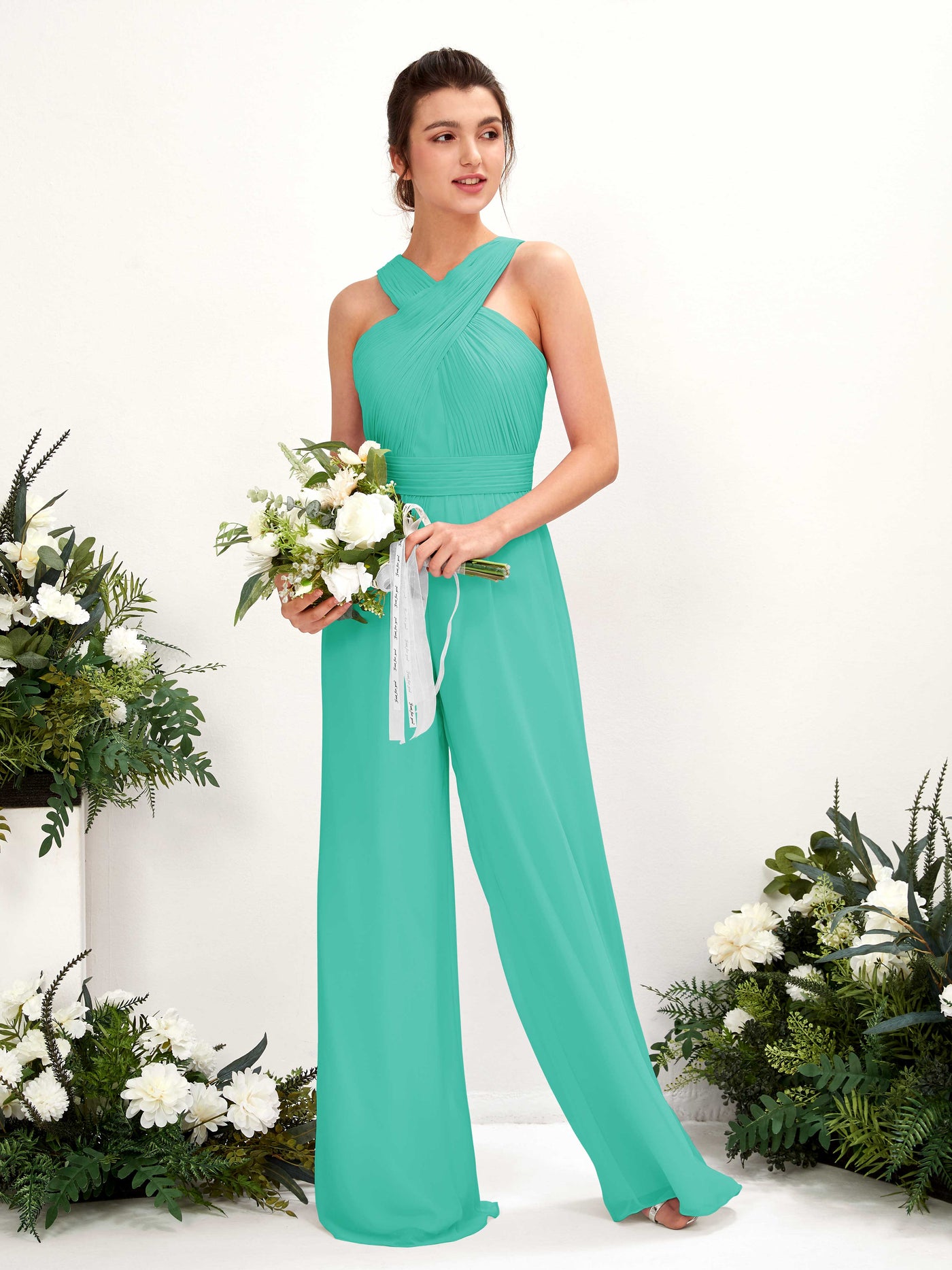V-neck Sleeveless Chiffon Bridesmaid Dress Wide-Leg Jumpsuit - Tiffany (81220732)#color_tiffany