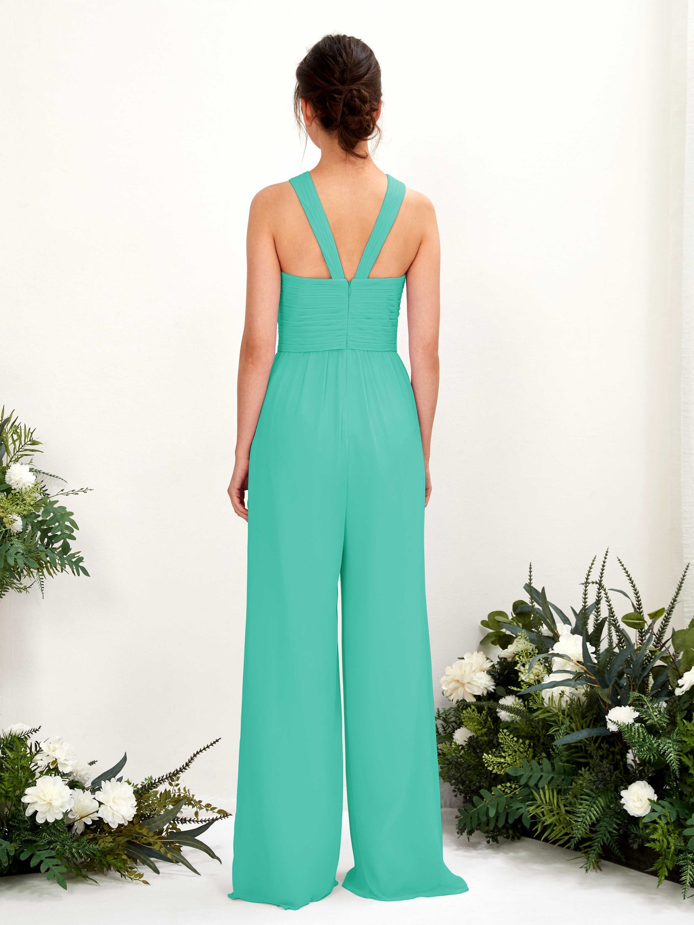 V-neck Sleeveless Chiffon Bridesmaid Dress Wide-Leg Jumpsuit - Tiffany (81220732)#color_tiffany