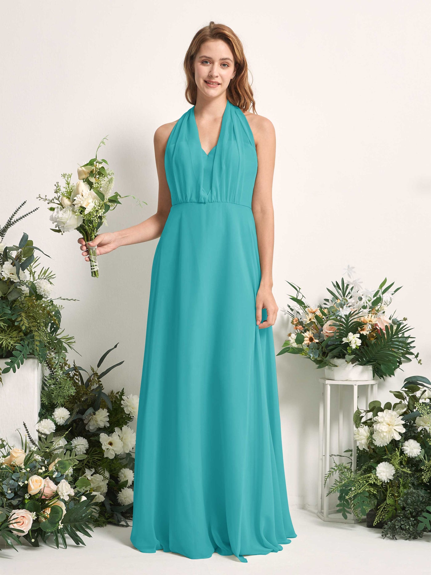 Bridesmaid Dress A-line Chiffon Halter Full Length Short Sleeves Wedding Party Dress - Turquoise (81226323)#color_turquoise