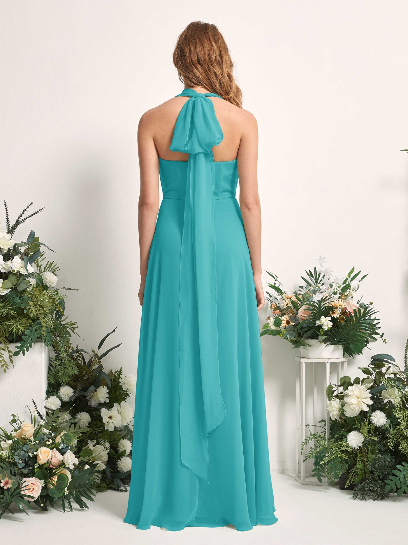 Bridesmaid Dress A-line Chiffon Halter Full Length Short Sleeves Wedding Party Dress - Turquoise (81226323)#color_turquoise