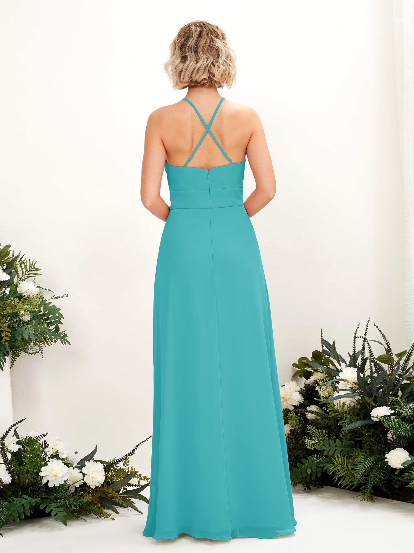 A-line Ball Gown Halter Spaghetti-straps Sleeveless Bridesmaid Dress - Turquoise (81225223)#color_turquoise