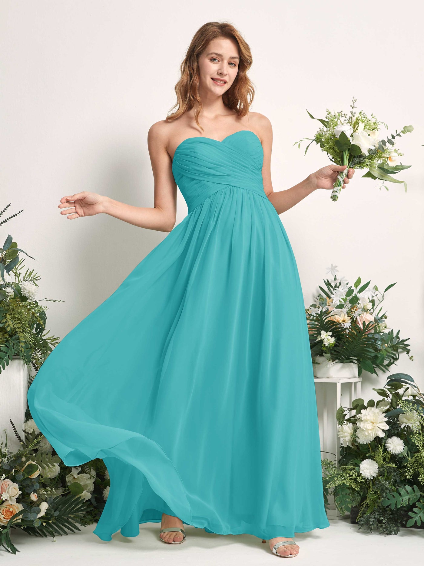 Bridesmaid Dress A-line Chiffon Sweetheart Full Length Sleeveless Wedding Party Dress - Turquoise (81226923)#color_turquoise