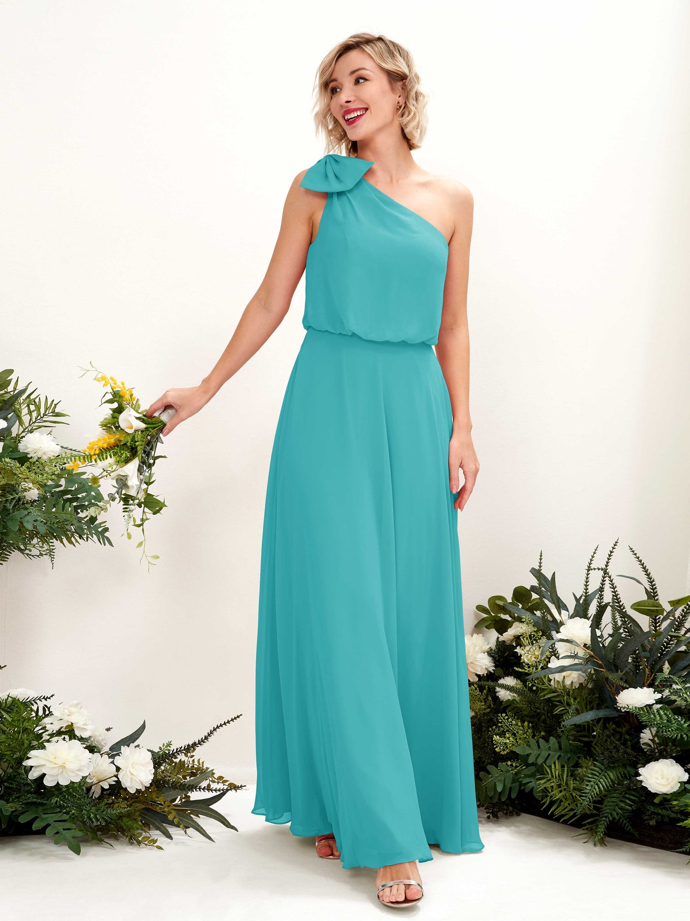 A-line One Shoulder Sleeveless Chiffon Bridesmaid Dress - Turquoise (81225523)#color_turquoise