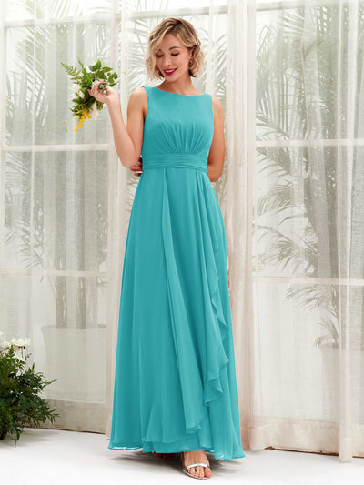Carlyna Brianna A-Line Turquoise Bridesmaid Dress Maxi Sleeveless Boat Neck Dress Front View #color_turquoise
