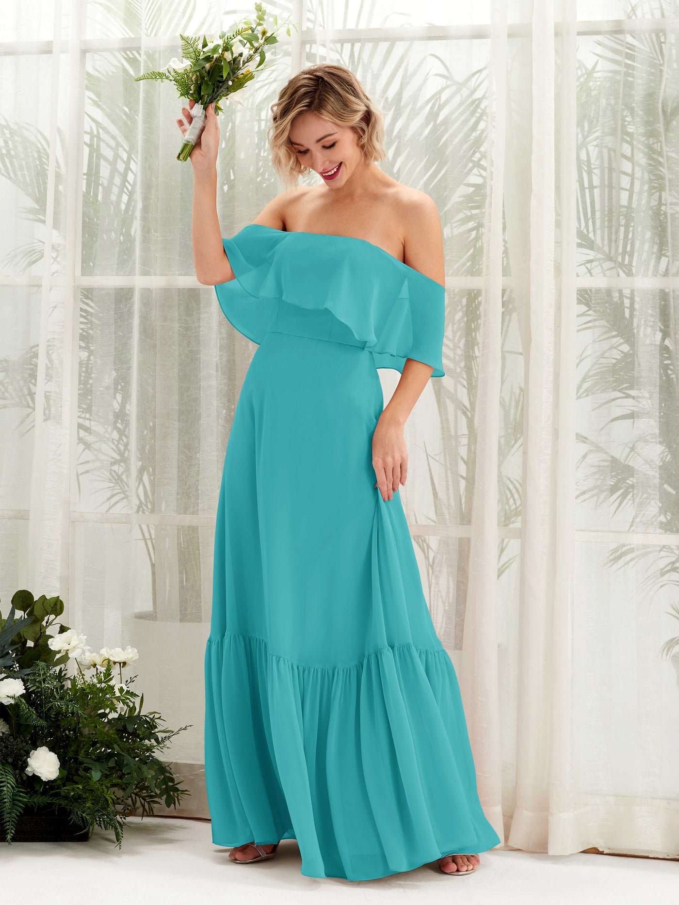 A-line Off Shoulder Chiffon Bridesmaid Dress - Turquoise (81224523)#color_turquoise