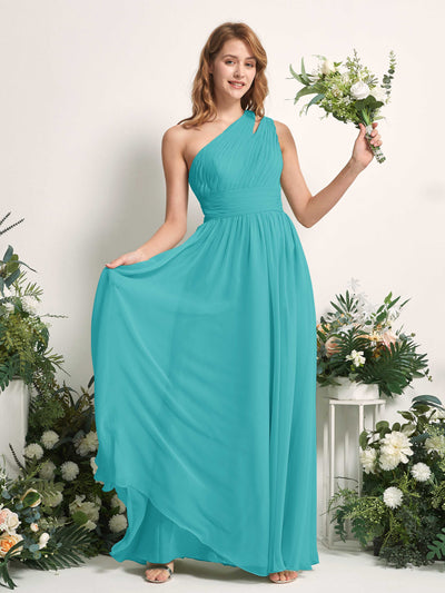 Carlyna Evelyn A-Line Turquoise Bridesmaid Dress Maxi Sleeveless One Shoulder Dress Front View #color_turquoise