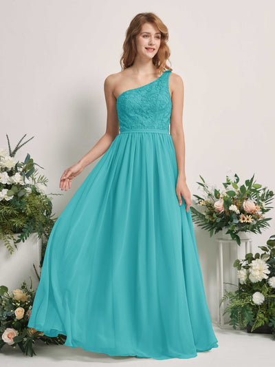 Carlyna Bonita A-Line Turquoise Embroidered Bridesmaid Dress Maxi Sleeveless One Shoulder Dress Front View #color_turquoise