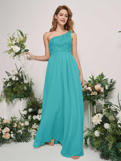 Carlyna Bonita A-Line Turquoise Embroidered Bridesmaid Dress Maxi Sleeveless One Shoulder Dress Side View 2 #color_turquoise